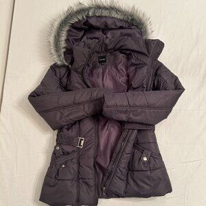 Rampage Charcoal Puffer Coat with Faux Fur Hood Belted Winter Jacket Size L